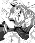  arai_togami clenched_hand greyscale grin highres horn hoshiguma_yuugi long_hair monochrome shirt skirt smile solo touhou 