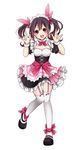  \m/ bangs black_hair blush bow bow_legwear bowtie double_\m/ dress frilled_skirt frills full_body garter_straps hair_bow long_hair looking_at_viewer love_live! love_live!_school_idol_project maid maid_headdress mogyutto_&quot;love&quot;_de_sekkin_chuu! nanase_eka nico_nico_nii open_mouth puffy_sleeves red_eyes shoes short_sleeves skirt smile solo standing standing_on_one_leg thighhighs twintails white_background white_legwear yazawa_nico zettai_ryouiki 