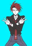  belt black_battler black_shirt blue_background cross looking_at_viewer male_focus necktie pants red_eyes red_hair shirt simple_background solo sousui_hani umineko_no_naku_koro_ni ushiromiya_battler watch wristwatch 