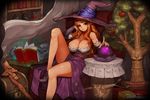  apple bare_shoulders book bookshelf breasts brown_hair cleavage crystal_ball detached_sleeves dragon's_crown dress erlenmeyer_flask food fruit gurimjang hat index_finger_raised large_breasts long_hair looking_at_viewer open_book red_eyes shoes sitting skull solo sorceress_(dragon's_crown) treasure_chest tree witch witch_hat 