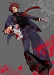  black_battler blood dual_wielding from_below gun holding looking_down male_focus necktie red_eyes red_hair simple_background smile solo sousui_hani umineko_no_naku_koro_ni ushiromiya_battler weapon 