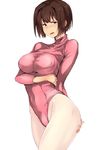  bad_id bad_pixiv_id breast_hold breasts brown_eyes brown_hair covered_nipples cowboy_shot hand_on_ass hyuuga_(kantai_collection) kantai_collection large_breasts leotard pantyhose pink_leotard short_hair simple_background solo ulrich_(tagaragakuin) white_background white_legwear 