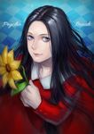  black_hair blue_eyes dress flower kizdollark laura_victoriano red_dress solo the_evil_within 