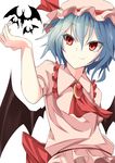  arai_togami bat bat_wings blue_hair fang hat highres red_eyes remilia_scarlet ribbon short_hair smile solo touhou wings 