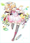  absurdres bad_id bad_pixiv_id blonde_hair blue_eyes boots bow cake cup food fork frills headdress highres l'ete long_hair open_mouth original plate reaching_out ribbon sheath sheathed slice_of_cake solo strawberry_shortcake sword teacup thigh_strap tray waitress weapon 