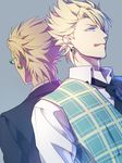  back-to-back bad_id bad_pixiv_id blonde_hair blue_eyes dramatical_murder earrings glasses jewelry male_focus mocchiri_oyaji multiple_boys necktie plaid plaid_vest spiked_hair tongue tongue_out trip_(dramatical_murder) vest virus_(dramatical_murder) 