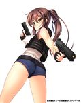  ass belt blush breasts brown_hair cowboy_shot dual_wielding from_behind gun h&amp;k_usp handgun heckler_&amp;_koch highres holding large_breasts long_hair looking_at_viewer official_art ponytail seiken_rensei_monhame_saga short_shorts shorts simple_background solo vest weapon white_background yu-ta 