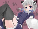  animal_ears between_legs black_legwear blue_eyes blush braid breasts cat_ears cat_tail garter_straps izayoi_sakuya kemonomimi_mode looking_at_viewer maid maid_headdress medium_breasts paw_print ratsuku_kinoko short_hair silver_hair sitting solo tail tail_between_legs teapot thighhighs touhou tray twin_braids zettai_ryouiki 