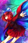  bow cape hair_bow kutsuki_kai outstretched_arm pleated_skirt red_eyes red_hair sekibanki shirt skirt touhou 
