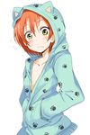  animal_ears animal_hood bangs blush cat_ears cat_hood chata_maru_(irori_sabou) collarbone flat_chest flying_sweatdrops hands_in_pockets hood hoodie hoshizora_rin long_sleeves love_live! love_live!_school_idol_project naked_hoodie orange_hair paw_print short_hair solo standing sweatdrop unzipped white_background yellow_eyes 