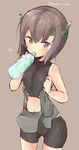  bike_shorts blush brown_eyes brown_hair cameltoe cowboy_shot drinking flat_chest hair_between_eyes headgear kantai_collection rokushou_kokuu solo sports_bra sweat taihou_(kantai_collection) twitter_username 