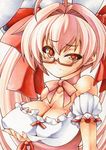  ahoge blush bow breast_hold breasts choker cleavage di_gi_charat frown glasses hair_bow large_breasts long_hair maid marker_(medium) millipen_(medium) pink_hair ribbon_choker simple_background slit_pupils solo tears traditional_media twintails uneven_eyes usada_hikaru white_background yutakasan-love 