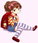  backpack bag brown_hair character_request dated hairband looking_at_viewer mary_janes nagian ponytail randoseru shirt shoes shorts signature sitting solo striped striped_legwear striped_shirt thighhighs 