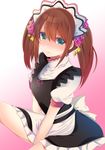  bangs blush bow brown_hair buttons crossdressing dress frilled_dress frills green_eyes hair_ornament idolmaster idolmaster_side-m long_hair looking_at_viewer maid maid_headdress male_focus mizushima_saki otoko_no_ko puffy_sleeves shisei_(kyuushoku_banchou) short_sleeves sitting solo star twintails 