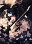  bare_shoulders bikini_top black_gloves black_hair black_rock_shooter black_rock_shooter_(character) blue_eyes boots broken broken_chain burning_eye chain checkered checkered_floor choker floor gloves glowing glowing_eye highres jacket jacket_over_shoulder long_hair looking_at_viewer rff_(3_percent) shorts solo sword twintails uneven_twintails weapon 