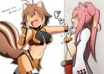  2girls animal_ears antenna_hair blazblue blush breasts brown_hair candy cat_ears cat_tail closed_eyes commentary_request fingerless_gloves food gloves highres kokonoe large_breasts long_hair makoto_nanaya medium_breasts midriff miniskirt mirano multicolored_hair multiple_girls navel open_mouth ponytail short_hair skirt squirrel_ears squirrel_tail tail translation_request two-tone_hair underboob 