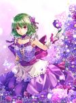  alternate_costume alternate_eye_color arms_at_sides bare_shoulders bug butterfly butterfly_hair_ornament collarbone dress field flower flower_field gloves green_hair hair_ornament highres insect kazami_yuuka looking_at_viewer plaid plaid_shirt purple_dress purple_eyes purple_flower purple_rose ribbon rose shironeko_yuuki shirt short_hair solo touhou white_gloves 