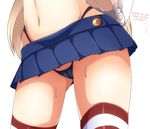 1girl black_panties blonde_hair cameltoe close-up contrapposto female gloves hard_translated highleg highres kantai_collection long_hair microskirt navel panties shimakaze_(kantai_collection) skirt solo striped striped_legwear sweat translated underwear waist_down white_background white_gloves zack_(haiuinndo) 