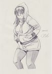  angry breasts fat glasses hand_in_pocket hood hoodie kobayakawa_horan large_breasts long_hair looking_at_viewer monochrome nekokami original pantyhose plump pout shorts sketch solo sweater thick_thighs thighs wide_hips 