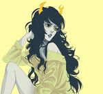  bare_shoulders black_hair blue_eyes fangs glasses grey_skin happyds homestuck horns lipstick long_hair makeup sharp_teeth sitting solo sweater teeth troll_(homestuck) vriska_serket yellow_background yellow_sclera 