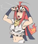  ahoge armpits arms_up bad_id bad_pixiv_id black_gloves bridal_gauntlets chandra_nalaar gloves goggles goggles_on_head grey_background magic:_the_gathering midriff navel noname_(metaldragonfly) open_mouth red_eyes red_hair scarf solo upper_body 