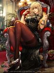  black_eyes blonde_hair bracelet chair cigarette dress flower furyou_michi_~gang_road~ hair_twirling highres jewelry legs mole official_art pantyhose ring rose sitting solo xaxak 