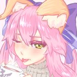  animal_ears blush bow cat's_tongue cup fate/extra fate_(series) hair_bow long_hair noname_(metaldragonfly) one_eye_closed pink_hair portrait ribbed_sweater solo sweater tamamo_(fate)_(all) tamamo_no_mae_(fate) tears tongue tongue_out yellow_eyes 