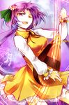  biwa_lute dress flower hair_flower hair_ornament instrument kutsuki_kai long_sleeves low_twintails lute_(instrument) musical_note one_eye_closed open_mouth purple_eyes purple_hair shirt smile solo touhou tsukumo_benben twintails yellow_dress 