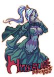  blue_hair breasts center_opening character_request cleavage commentary_request dress grey_skin large_breasts long_hair pointy_ears red_eyes sleeves_past_wrists smile solo tiara ueno_petarou witchblade 