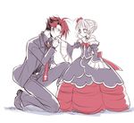  1girl beatrice black_battler hand_kiss kiss one_knee red_hair short_hair simple_background sousui_hani umineko_no_naku_koro_ni ushiromiya_battler white_background 