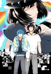  bad_id bad_pixiv_id black_hair blue_hair closed_eyes dog dramatical_murder dual_persona hat headphones headphones_around_neck highres jacket male_focus multiple_boys ren_(dramatical_murder) sei_(dramatical_murder) seragaki_aoba zukeban 