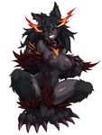  :d animal_ears bangs black black_hair black_sclera black_skin blush breasts collar crossed_bangs dog_ears dog_tail full_body fur grin hellhound kenkou_cross large_breasts long_hair looking_at_viewer monster_girl monster_girl_encyclopedia navel nude official_art open_mouth red_eyes simple_background smile solo sweat tail white_background 