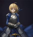  ahoge armor armored_dress artoria_pendragon_(all) blonde_hair caliburn dress fate/stay_night fate_(series) green_eyes makesi planted_sword planted_weapon saber solo sword weapon 
