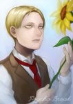  blonde_hair flower kizdollark male_focus ruvik solo sunflower the_evil_within yellow_eyes younger 
