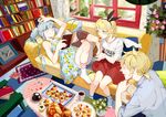  2girls aqua_eyes aqua_hair blonde_hair blue_eyes blue_shirt book bookshelf candy couch cup curtains cushion dress floral_print flower food hair_ribbon hatsune_miku holding holding_book jelly_bean kagamine_len kagamine_rin long_hair mug multiple_girls open_book open_window p0ckylo picture_frame plate red_skirt ribbon rug shirt shoes short_hair skirt smile socks striped sweets twintails vase vertical-striped_skirt vertical_stripes vocaloid window 