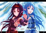  asuna_(sao) asuna_(sao-alo) bad_id bad_pixiv_id blue_eyes blue_hair detached_sleeves fingerless_gloves gloves hairband highres long_hair multiple_girls pointy_ears puma_(hyuma1219) purple_hair red_eyes sword_art_online v yuuki_(sao) 