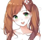  :d alternate_hairstyle bangs bare_shoulders blush breasts brown_hair caidychen caidychen's_green-eyed_girl circle cleavage collarbone commentary ears flower green_eyes hair_flower hair_ornament image_sample long_hair open_mouth original parted_bangs portrait simple_background small_breasts smile solo twintails twitter_sample wavy_hair white_background 