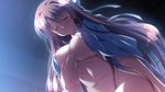  1girl blush breasts brown_hair eyes_closed game_cg long_hair natsuzora_no_perseus navel nipples no_bra open_clothes open_shirt sawatari_touka shirt yuzuna_hiyo 