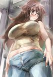  bare_shoulders black-framed_eyewear blush breasts brown_eyes brown_hair commentary_request fate/extra fate/extra_ccc fate_(series) glasses jinako_carigiri large_breasts long_hair plump solo unzipped yohane 
