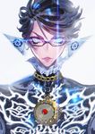  alternate_hair_length alternate_hairstyle bayonetta_(character) bayonetta_2 black_hair blue commentary_request earrings glasses glowing glowing_eye jewelry lens_flare mole mole_under_mouth necklace official_art portrait shimazaki_mari short_hair solo 