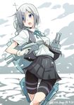  alternate_costume bike_shorts blue_eyes collared_shirt cosplay dated e20 gloves grey_skirt hair_ornament hair_over_one_eye hairclip hamakaze_(kantai_collection) kagerou_(kantai_collection) kagerou_(kantai_collection)_(cosplay) kantai_collection machinery open_clothes open_mouth open_vest pleated_skirt shirt short_hair shorts shorts_under_skirt silver_hair skirt solo thigh_strap twitter_username vest white_gloves 