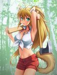  alternate_hairstyle animal_ears antenna_hair aqua_eyes armpits axe bangs blonde_hair board_game bow breasts chain_necklace cleavage dog_ears dog_tags dog_tail firewood forest hair_ornament highres holding jewelry kogara_(frenzied_kotori) large_breasts long_hair nature navel necklace ponytail shorts sleeveless solo sweat sweatdrop tail tongue tongue_out tsurumaki_maki very_long_hair vest voiceroid wood 