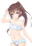  bare_shoulders bra brown_eyes brown_hair collarbone cowboy_shot frilled_bra frilled_panties frills fumizuki_(kantai_collection) high_ponytail kantai_collection long_hair looking_at_viewer navel negativeundead panties ponytail smile solo transparent_background underwear underwear_only wrist_cuffs 