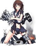  blush breasts brown_eyes brown_hair cannon elbow_gloves furutaka_(kantai_collection) gloves glowing glowing_eye hair_ornament hairclip kantai_collection kneeling looking_at_viewer mecha_musume official_art remodel_(kantai_collection) school_uniform serafuku single_elbow_glove skirt small_breasts solo thighhighs torn_clothes torn_legwear transparent_background ugume 