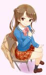  bow bowtie brown_eyes brown_hair chair dated food full_body heart heart-shaped_pupils idolmaster idolmaster_cinderella_girls long_hair looking_at_viewer nagian pigeon-toed pink_background plaid plaid_skirt pocky pocky_day shimamura_uzuki sitting skirt smile solo sweater symbol-shaped_pupils two_side_up 