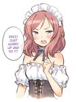  1girl bangs bare_shoulders blush bust corset detached_collar detached_sleeves hard_translated kuinji_51go looking_at_viewer love_live!_school_idol_project maid maid_headdress neck_ribbon nishikino_maki open_mouth parted_bangs purple_eyes red_hair ribbon short_hair solo speech_bubble strapless translated upper_body white_background 