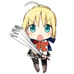  ahoge artoria_pendragon_(all) blonde_hair bow braid fan fate/stay_night fate_(series) green_eyes hanabana_tsubomi harisen homurahara_academy_uniform lowres ribbon saber school_uniform short_hair skirt solo vest white_background 