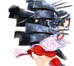  ass bare_shoulders black_hair cowboy_shot detached_sleeves floral_print hair_ornament headband japanese_clothes kantai_collection kimono looking_back machinery pleated_skirt red_eyes red_skirt short_hair skirt solo sumeragi_hamao yamashiro_(kantai_collection) 