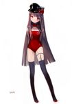  arms_behind_back artist_name bad_id bad_pixiv_id black_legwear blue_eyes bow brown_hair full_body hat leotard long_hair looking_at_viewer original red_eyes red_leotard signature simple_background smile solo standing sukja thighhighs very_long_hair 
