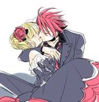  1girl beatrice black_battler blonde_hair blush closed_eyes couple hetero kiss lowres red_hair short_hair simple_background smile sousui_hani umineko_no_naku_koro_ni ushiromiya_battler white_background 